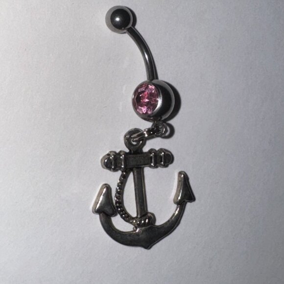 Large Anchor with Rope and Pink Gem Dangle Belly Ring - Picture 4 of 16
